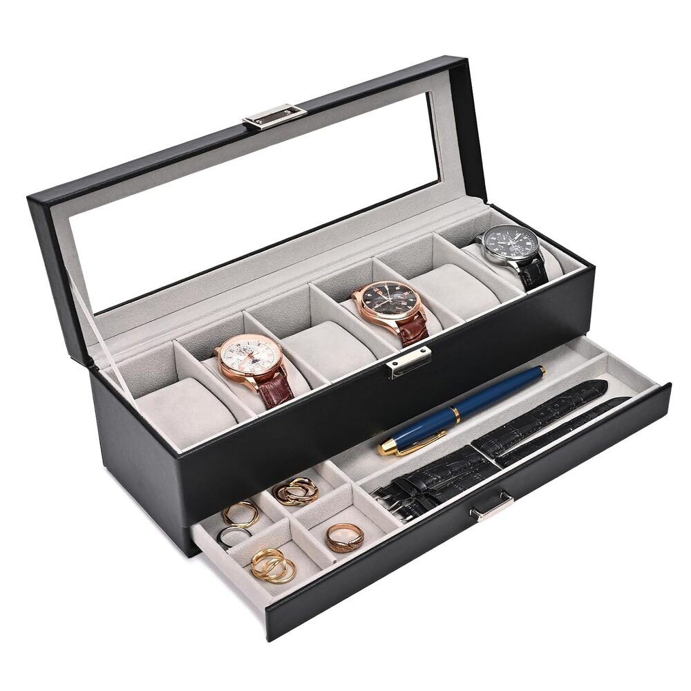 Watch Box, 6 Slot Watches Display Case with Drawer, Mens Watch Case with